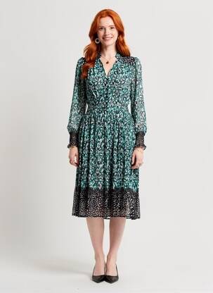 Robe mi-longue imprimé fantaisie manches longues vert SUNCOO femme