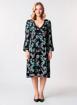 Robe mi-longue imprimé fantaisie manches longues noir IKKS femme
