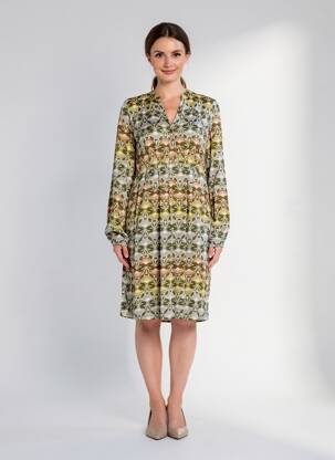 Robe mi-longue imprimé fantaisie manches longues vert DIPLODOCUS femme