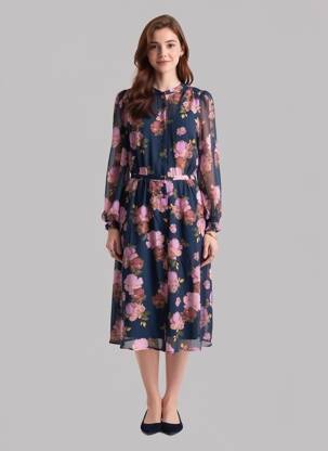 Robe mi-longue imprimé fleurs manches longues bleu LA PETITE ETOILE femme