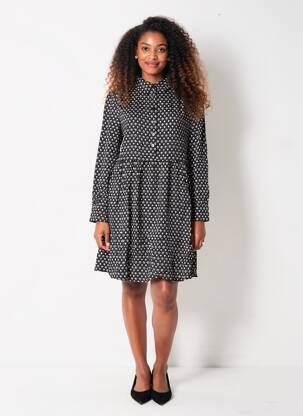 Robe mi-longue imprimé fleurs manches longues noir GRACE & MILA femme