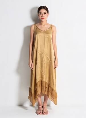 Robe mi-longue col v fines bretelles marron LAUREN VIDAL femme