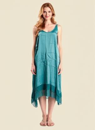 Robe mi-longue col v fines bretelles bleu LAUREN VIDAL femme
