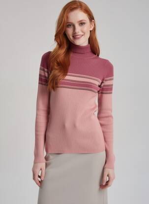 Pull col roulé coupe cintrée manches longues rose SANS MARQUE femme