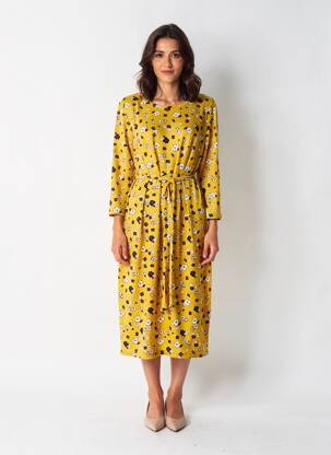 Robe mi-longue imprimé fleurs manches 3/4 jaune FOR HER PARIS femme