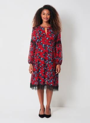 Robe mi-longue imprimé fleurs manches longues rouge JUS D'ORANGE femme