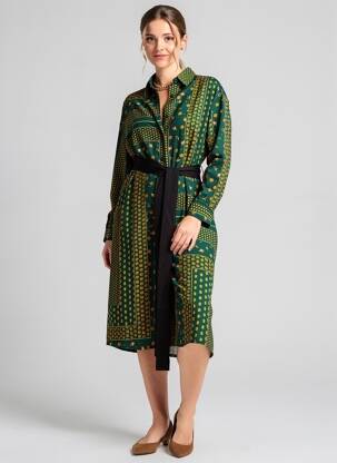 Robe mi-longue imprimé fantaisie manches longues vert ELLI WHITE femme