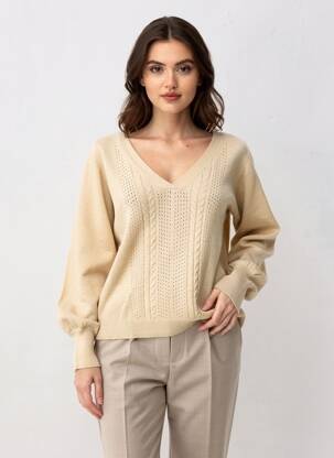 Pull coupe droite manches longues beige ICHI femme