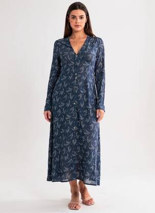 Robe mi-longue imprimé fantaisie manches longues bleu INDIE+MOI femme
