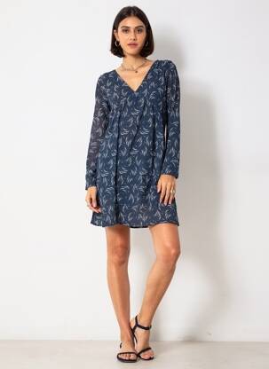 Robe mi-longue imprimé fantaisie manches longues bleu INDIE+MOI femme