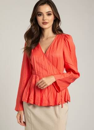 Blouse tissage popeline manches longues rouge ICHI femme