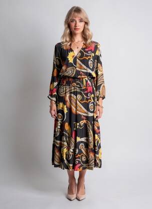 Robe mi-longue imprimé fantaisie manches longues noir LEE COOPER femme