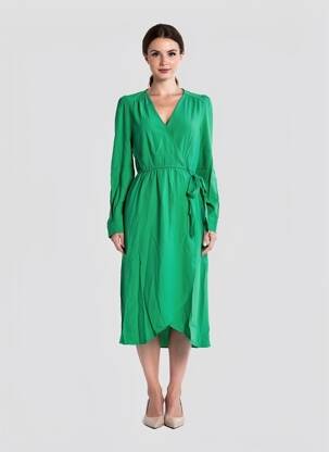 Robe mi-longue tissage crêpe manches longues vert ORFEO femme