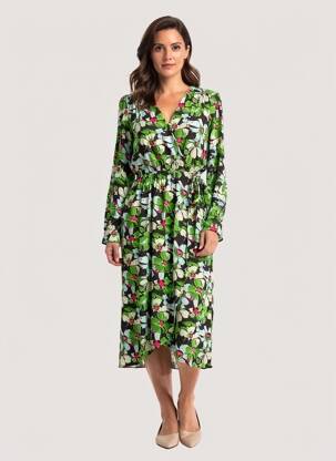 Robe mi-longue imprimé fantaisie manches longues vert ORFEO femme