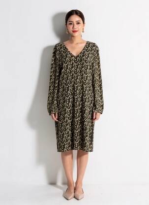 Robe mi-longue imprimé fleurs manches longues vert MD'M femme