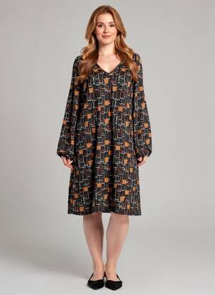 Robe mi-longue imprimé fantaisie manches longues noir MD'M femme