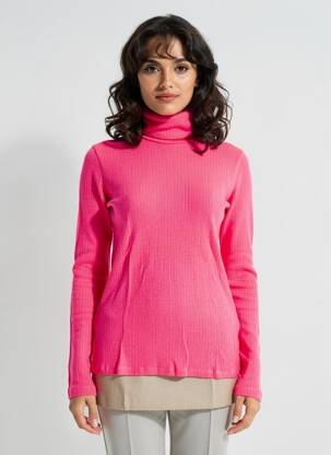 Pull col roulé tissage côtelé manches longues rose MAJESTIC FILATURES femme