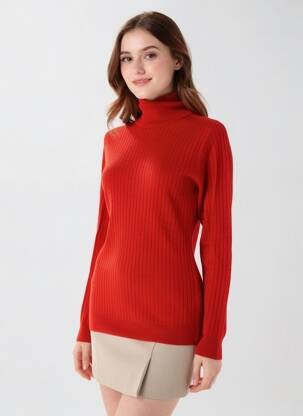 Pull col roulé tissage côtelé manches longues rouge LA PETITE FRANCAISE femme