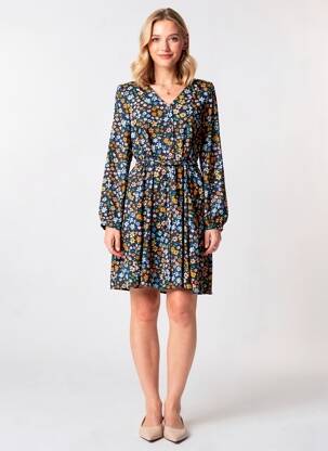 Robe mi-longue imprimé fleurs manches longues bleu ONLY femme