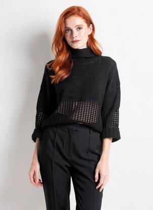 Pull col roulé maille souple et aérée manches 3/4 noir SCHOOL RAG femme