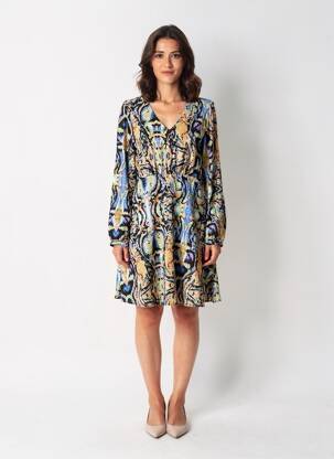 Robe mi-longue imprimé fantaisie manches longues bleu ONLY femme