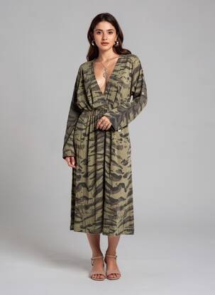 Robe mi-longue manches longues manches longues vert LEON & HARPER femme