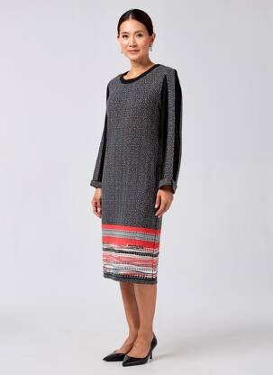 Robe mi-longue imprimé fantaisie manches longues noir ANDAMIO femme