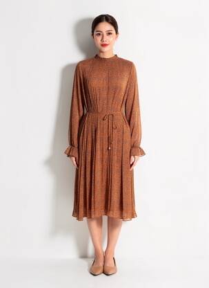 Robe mi-longue imprimé fantaisie manches longues marron LOUCHE femme