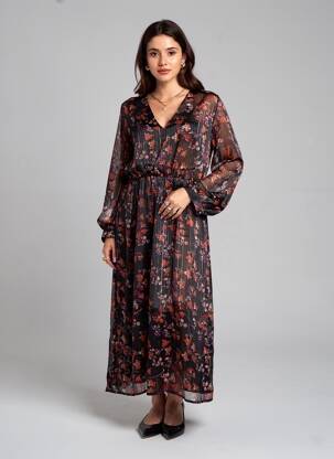Robe longue imprimé fantaisie manches longues noir LA PETITE ETOILE femme