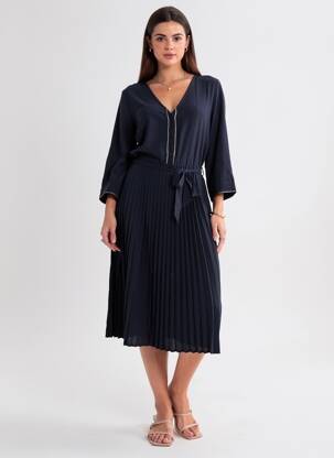 Robe mi-longue tissage crêpe manches longues bleu GRACE & MILA femme