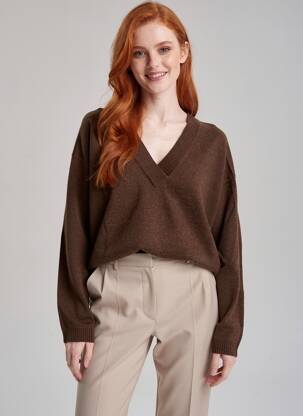 Pull col v manches longues marron MINIMUM femme