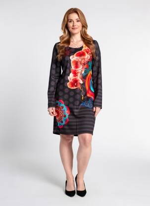 Robe mi-longue imprimé fleurs manches longues noir 101 IDEES femme