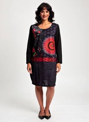 Robe mi-longue imprimé fantaisie manches longues noir 101 IDEES femme