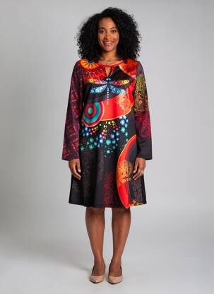 Robe mi-longue imprimé fantaisie manches longues orange 101 IDEES femme