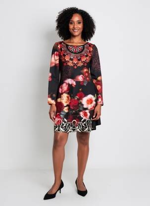 Robe mi-longue imprimé fantaisie manches longues noir 101 IDEES femme