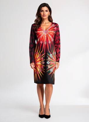 Robe mi-longue imprimé fantaisie manches longues rouge 101 IDEES femme