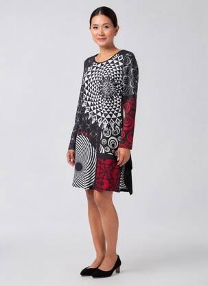 Robe mi-longue imprimé fantaisie manches longues noir 101 IDEES femme