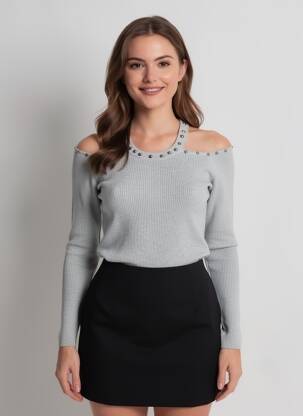Pull coupe cintrée manches longues gris MAILLE LOVE femme