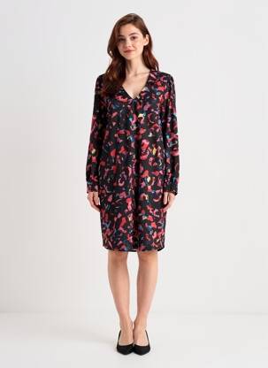 Robe mi-longue imprimé fantaisie manches longues rose ICHI femme