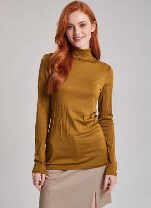 Pull col roulé coupe cintrée manches longues marron ICHI femme