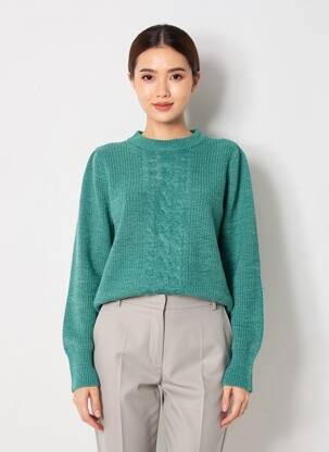 Pull tissage chiné manches longues vert ICHI femme