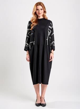 Robe mi-longue imprimé fantaisie manches longues noir OZAI N KU femme