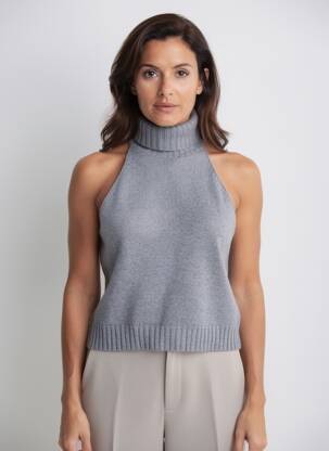 Pull col roulé tissage chiné sans manche gris CARTA LIBERA femme