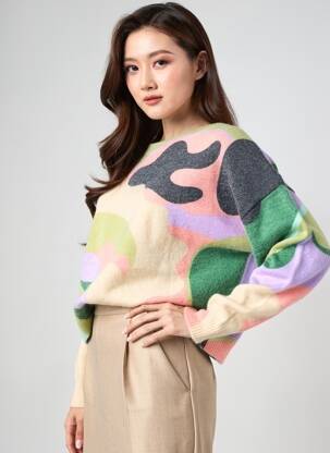 Pull coupe droite manches longues vert GRACE & MILA femme