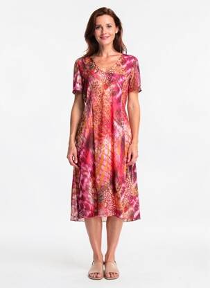 Robe mi-longue imprimé fantaisie manches courtes rose GRIFFON femme