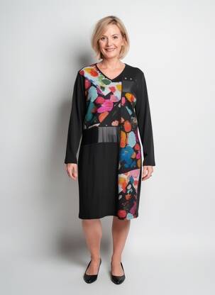 Robe mi-longue imprimé fantaisie manches longues noir GRIFFON femme