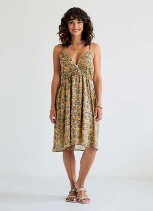 Robe mi-longue imprimé fleurs fines bretelles orange MOLLY BRACKEN femme