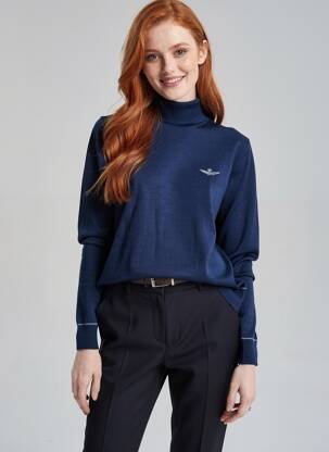 Pull col roulé stretch manches longues bleu AERONAUTICA femme