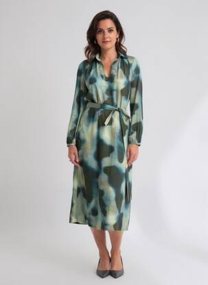 Robe mi-longue imprimé fantaisie manches longues vert DIEGA femme