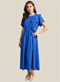 Robe mi-longue coupe fluide manches courtes bleu ESSENTIEL ANTWERP femme